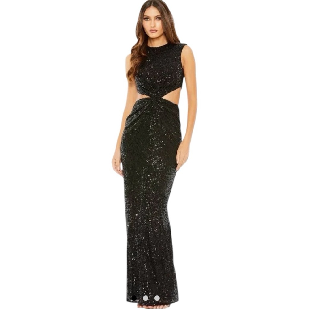 Ieena Mac Duggal Black Sequin Cutout Column Gown‎ Twist Front US 0 XS NWT